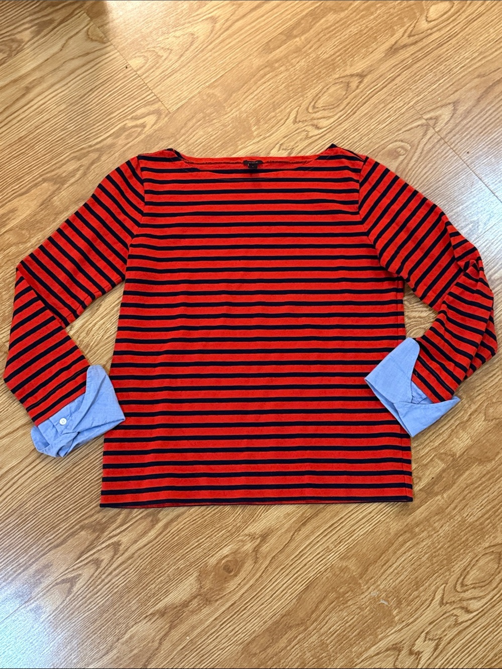 J. Crew Red and Black Striped Long-Sleeve Top with Chambray Cuffs - Picture 1 of 4